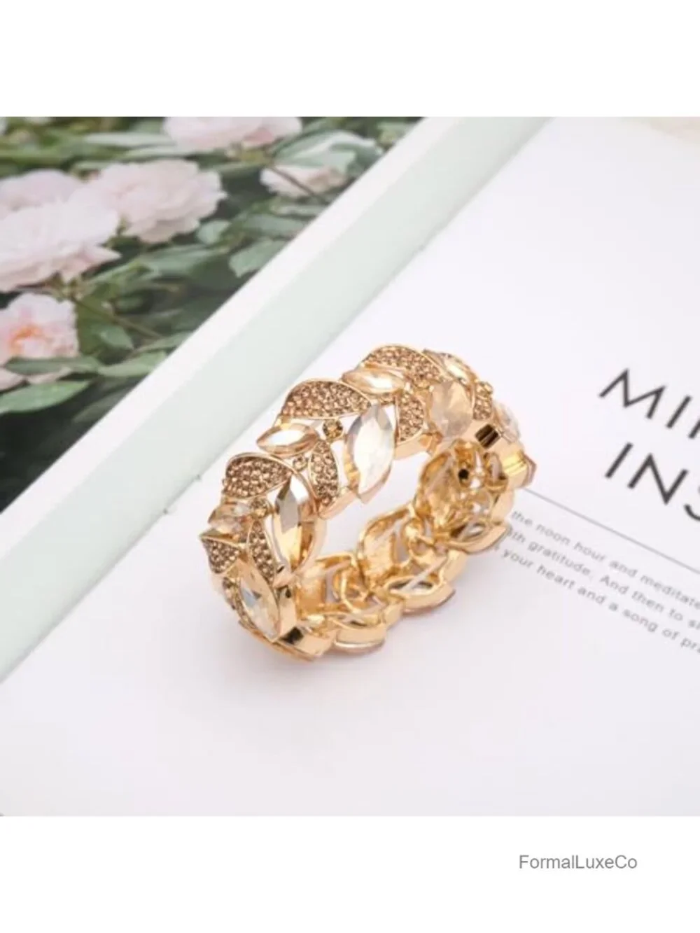 Art Deco Leaf Stretch Bangle Bracelet Austrian Crystal Rhinestone Party Prom